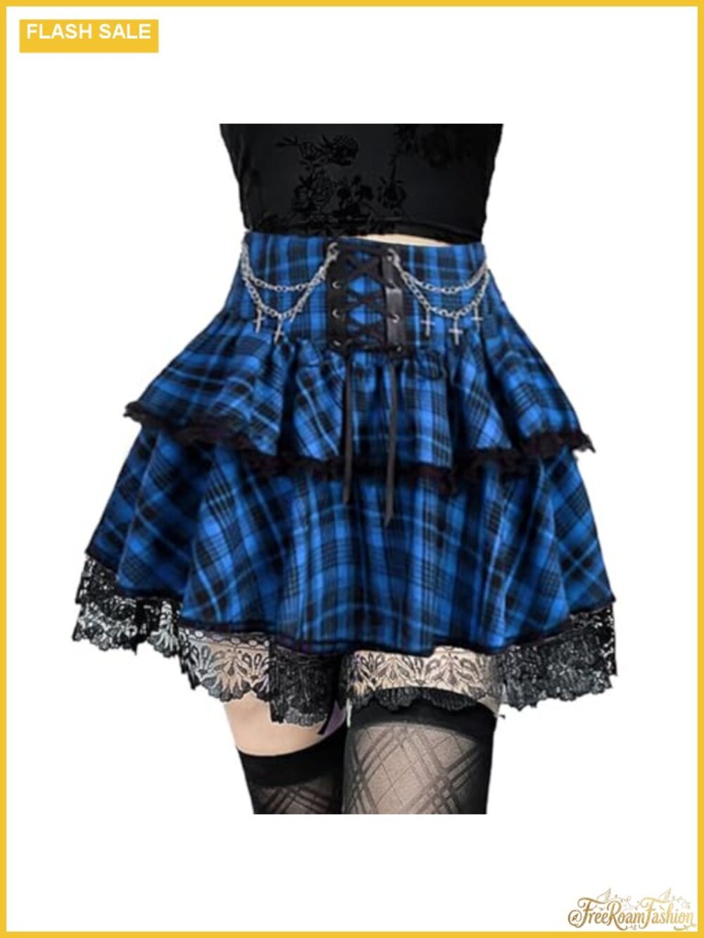 Goth Plaid Mini Skirt High Waist Lace Ruffles A-Line Y2k Alt Party